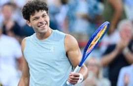 Defending champion Ben Shelton of the United States celebrates a quarter-final victory over Czech Jakub Mensik at the ATP Montreal Masters