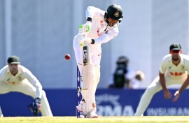 Tanzid Hasan plays a shot on the second day of the first Test