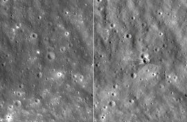The moon's surface before (L) and after (R) it was struck by a SpaceX rocket leaving a crater that is 60 feet wide and 10 feet deep