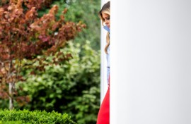 US First Lady Melania Trump arrives to host an event in the Rose Garden of the White House, in Washington, DC, on August 20, 2026, her first public appearance in a month