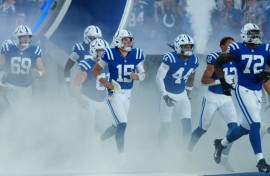 The Indianapolis Colts runs onto the field prior to a preseason game against Atlanta Falcons at Lucas Oil Stadium on August 22, 2026 in Indianapolis, Indiananapolis, Indiana