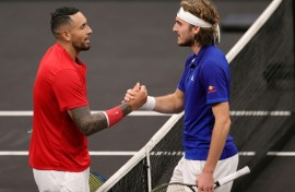 Stefanos Tsitsipas (R) and Nick Kyrgios faced off in the 2021 Laver Cup