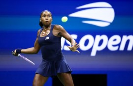 Coco Gauff strikes a forehand on the way to a straight-set win over fellow American Iva Jovic to reach the quarter-finals of the US Open