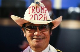 An attendee wears a "Trump 2028" hat during first day of the Republican National Midterm Convention at the American Airlines Center in Dallas, Texas on September 9, 2026