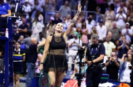 Belarus's Aryna Sabalenka celebrates a superb semi-final victory over Jessica Pegula at the US Open
