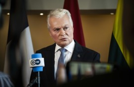 Lithuania's President Gitanas Nauseda speaks with journalists at the Arktikum science centre during The European Arctic Summit in Rovaniemi, Finland, on September 14, 2026