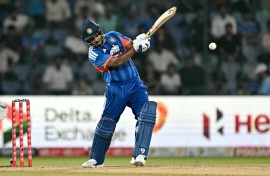 India's Sanju Samson plays a shot during the second T20 against Afghanistan at the Arun Jaitley Stadium in New Delhi