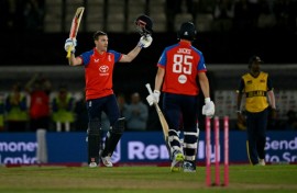 England captain Harry Brook celebrates his century during the first T20 against Sri Lanka at Southampton