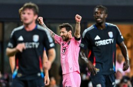Lionel Messi celebrates after after scoring for Inter Miami but the MLS champions were frustrated in a 2-2 draw with San Diego