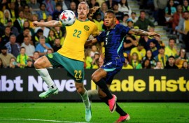 Brazil's Danilo Santos (R) and Australia's Jackson Irvine compete for the ball during the international friendly football match between Australia and Brazil at Suncorp Stadium in Brisbane on September 29, 2026.