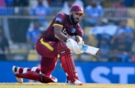 West Indies' John Campbell plays a shot during the second one-day international (ODI) cricket match between India and West Indies at the Barsapara Cricket Stadium in Guwahati on September 30, 2026.
