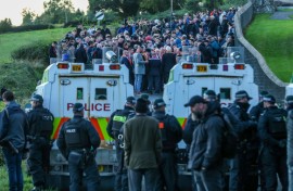 Portadown Orangemen and supporters gathered at a church after being stopped by police from marching to Garvaghy Road in Portadown, Northern Ireland