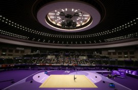 Uzbekistan’s Lola Djuraeva competes in the individual ribbon of the rhythmic gymnastics qualification round during the 2026 Asian Games at the Nagoya General Gymnasium in Nagoya on October 1, 2026.