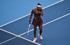 USA's Coco Gauff reacts during her women's singles match against Belgium’s Elise Mertens at the China Open tennis tournament in Beijing on October 7, 2026.