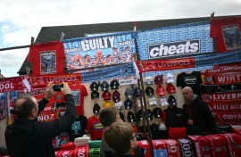 Merchandise for sale outside Anfield ahead of the Premier League match between Liverpool and Manchester City