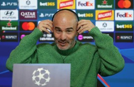 Manchester City manager manager Enzo Maresca reacts during a press conference on the eve of a UEFA Champions League tie against AEK Athens