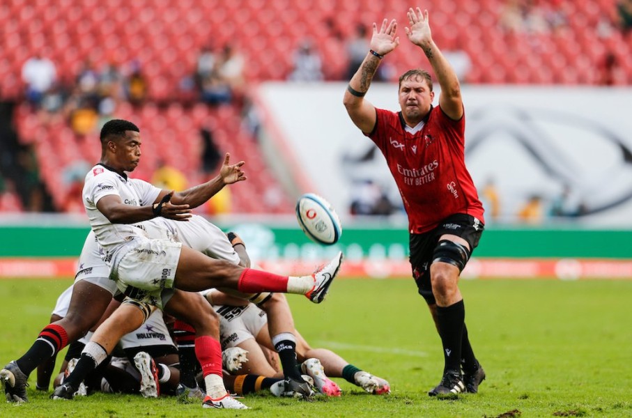 JP Smith of Emirates Lions in action with Grant Williams of Hollywoodbets Sharks. Steve Haag Sports/INPHO/Shutterstock