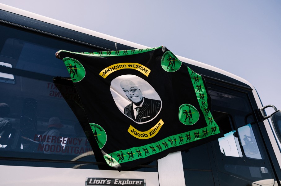 A flag of the Umkhonto We Sizwe (MKP) party sporting a picture of their leader Jacob Zuma. AFP/Rajesh Jantilal