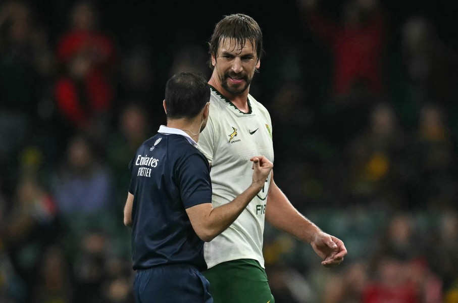 South Africa's Eben Etzebeth leaves the field having received a red card by French referee Luc Ramos. AFP/Paul Ellis