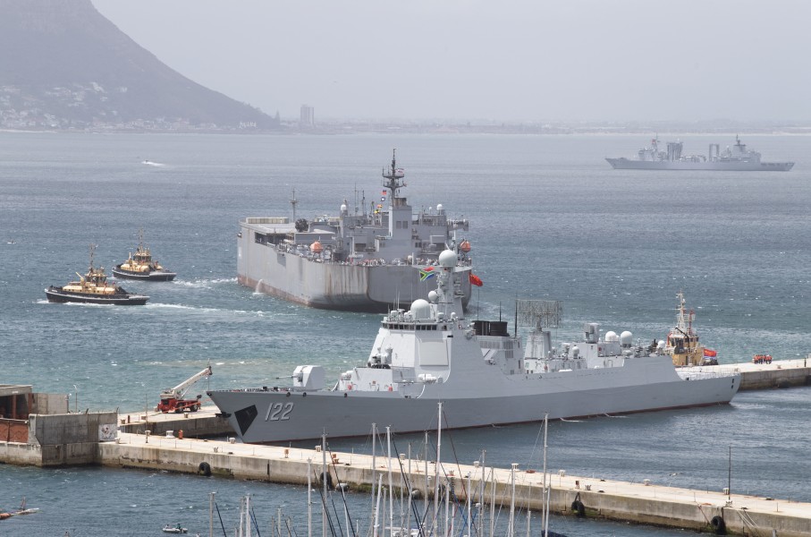 A general view of (L-R) the Chinese guided-missile destroyer Tangshan (Hull 122), the Iranian navy ship, the IRIS Makran 441, Chinese comprehensive supply ship Taihu (Hull 889) in the Simon's Town harbour, near Cape Town, on January 8, 2026.