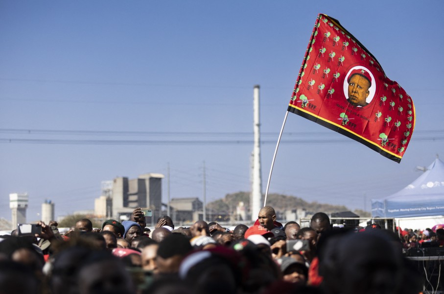 A flag with the image of Economic Freedom Fighters (EFF) leader Julius Malema. AFP/Guillem Sartorio