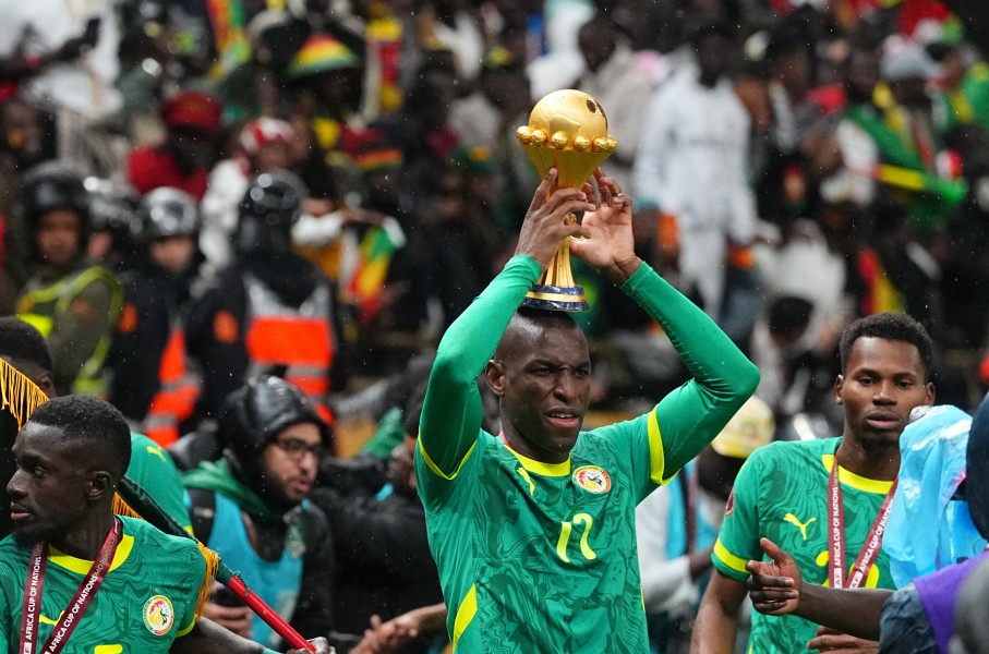 Nicolas Jackson of Senegal celebrates after the AFCON final between Morocco and Senegal. Ulrik Pedersen/NurPhoto via AFP