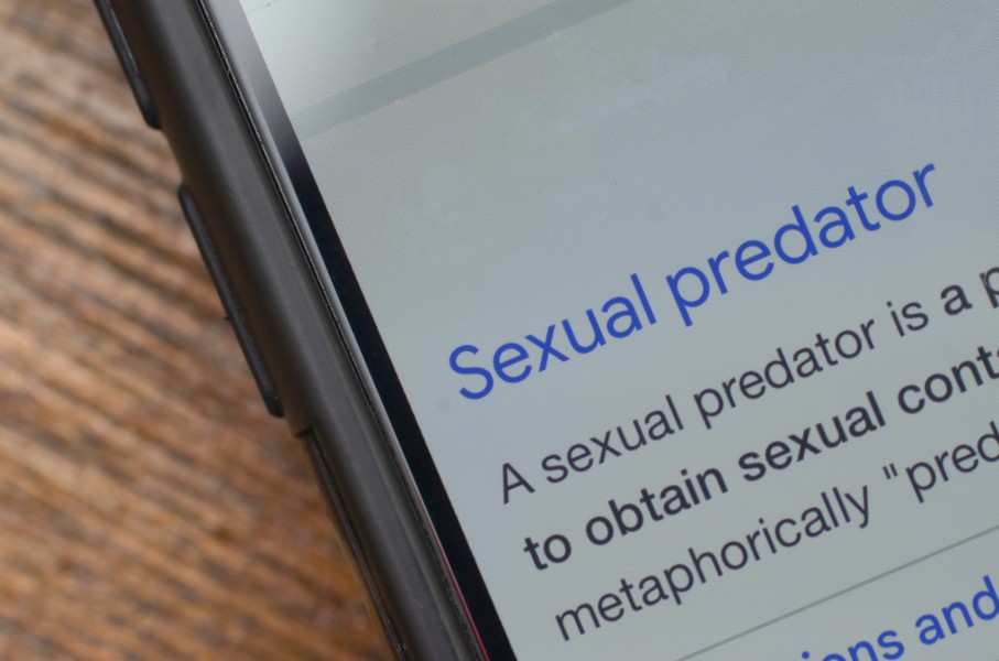 The words 'sexual predator' seen on a phone. GettyImages/Abu Hanifah