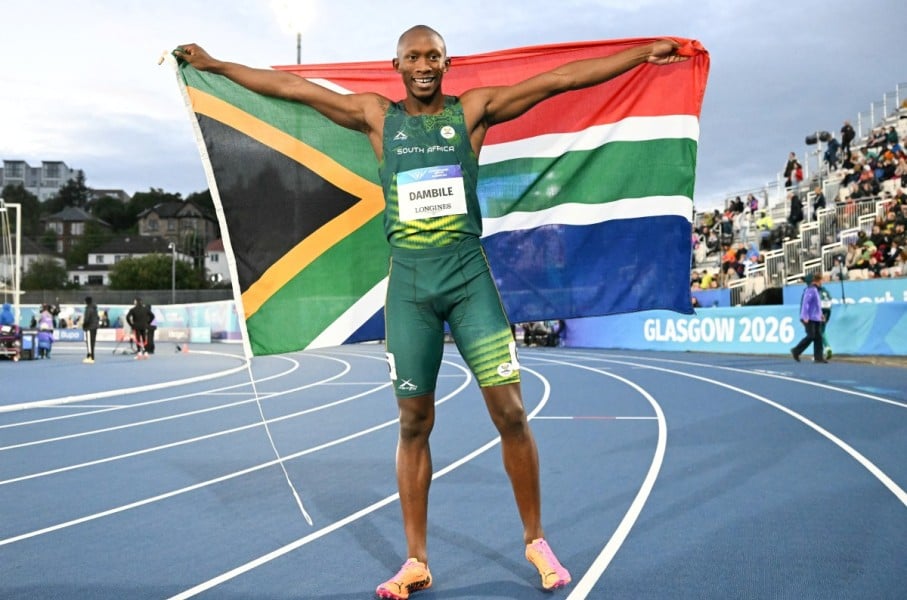 South Africa's Sinesipho Dambile celebrates after competing the men's 200m final. AFP/Andy Buchanan