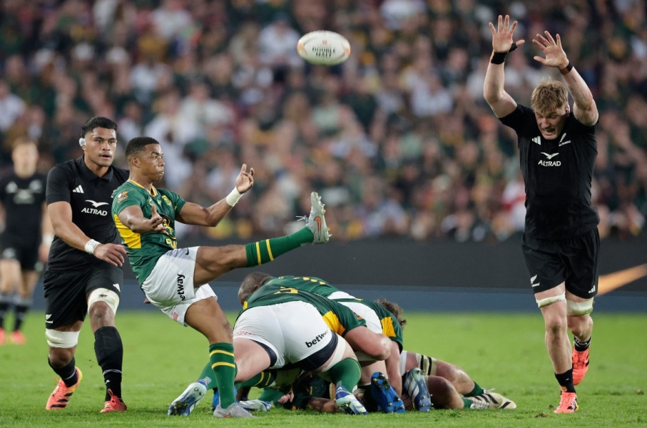 Grant Williams kicks the ball during the Rugby's Greatest Rivalry international rugby union match between South Africa and New Zealand at Ellis Park Stadium. AFP/Phill Magakoe