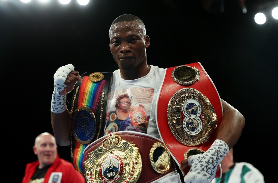  Zolani Tete celebrates with the IBF International and Commonwealth Super Bantamweight belt after knocking out Jason Cunningham in the IBF International and Commonwealth Super Bantamweight Title fight between Jason Cunningham and Zolani Tete at OVO Arena Wembley on July 02, 2022 in London, England. (Photo by James Chance/Getty Images)