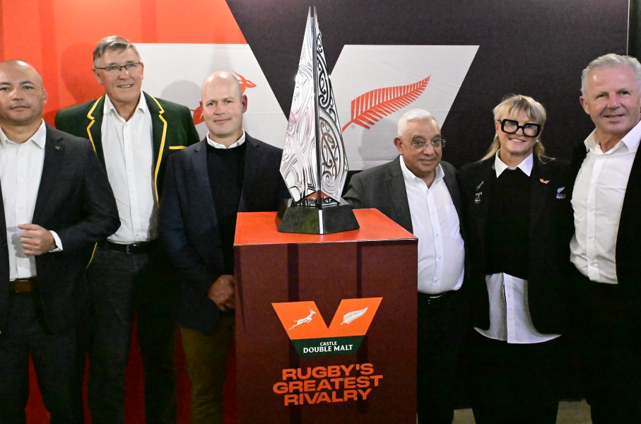 Dignitaries with the trophy during the Castle Double Malt Greatest Rivalry Tour trophy launch at AB InBev Africa Headquarters on August 19, 2026 in Johannesburg. Sydney Seshibedi/Gallo Images