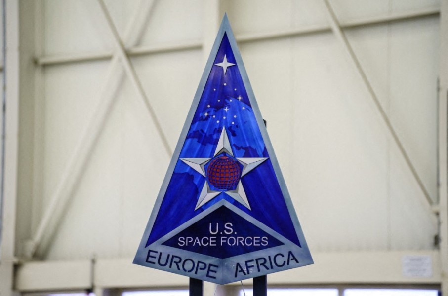 The logo of the United States Space Forces, taken at the ceremony to mark the activation of the US Space Forces Command for Europe and Africa at Ramstein Air Base. Andreas Arnold/dpa Picture-Alliance via AFP