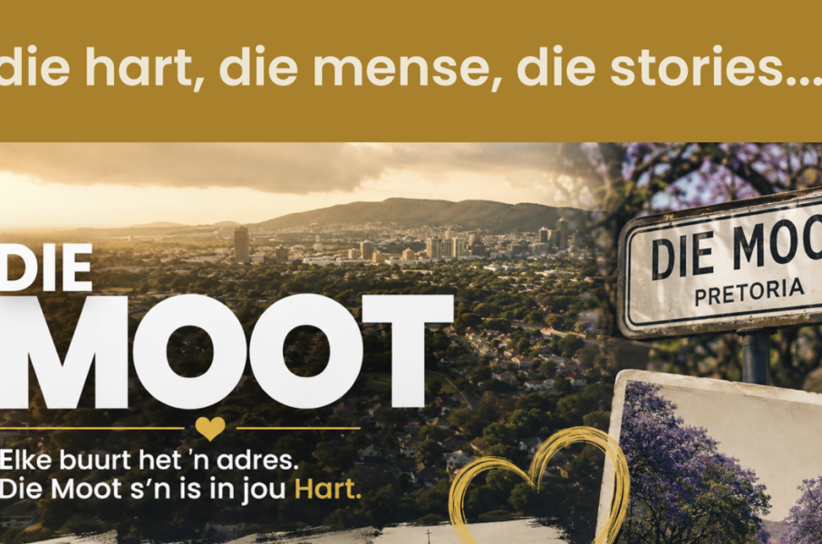 Die Moot in hoofletters teen die agtergrond van die skyline van die woonbuurt