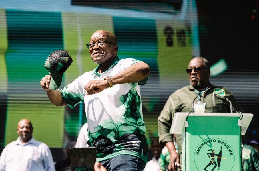 Leader of the Umkhonto We Sizwe (MKP) party and former South African president Jacob Zuma addresses supporters during the party's first anniversary celebrations at the Moses Mabhida Stadium in Durban on December 15, 2024. AFP/Rajesh Jantilal