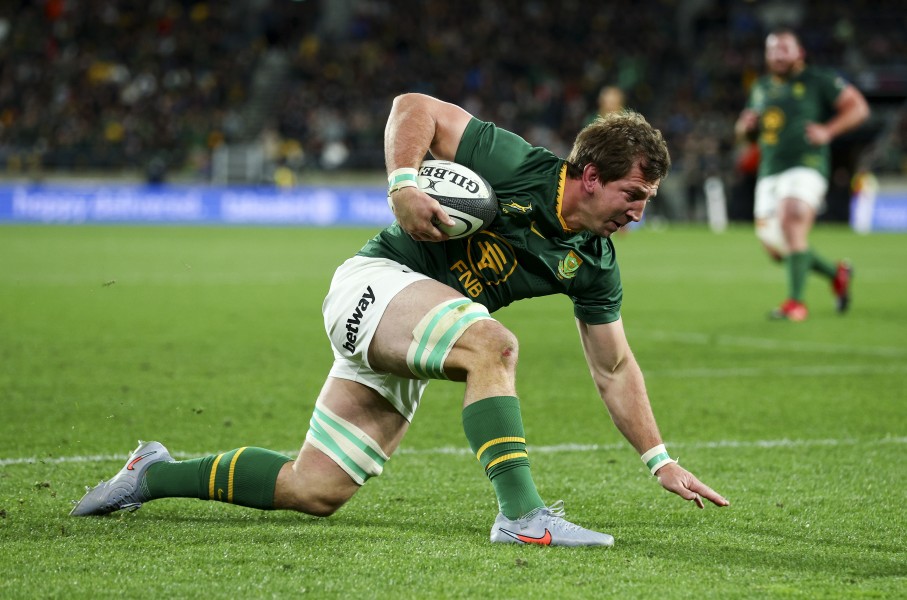 Kwagga Smith of South Africa scores a try during The Rugby Championship match between New Zealand All Blacks and South Africa Springboks at Sky Stadium on September 13, 2025 in Wellington, New Zealand. (Photo by Hagen Hopkins/Getty Images)