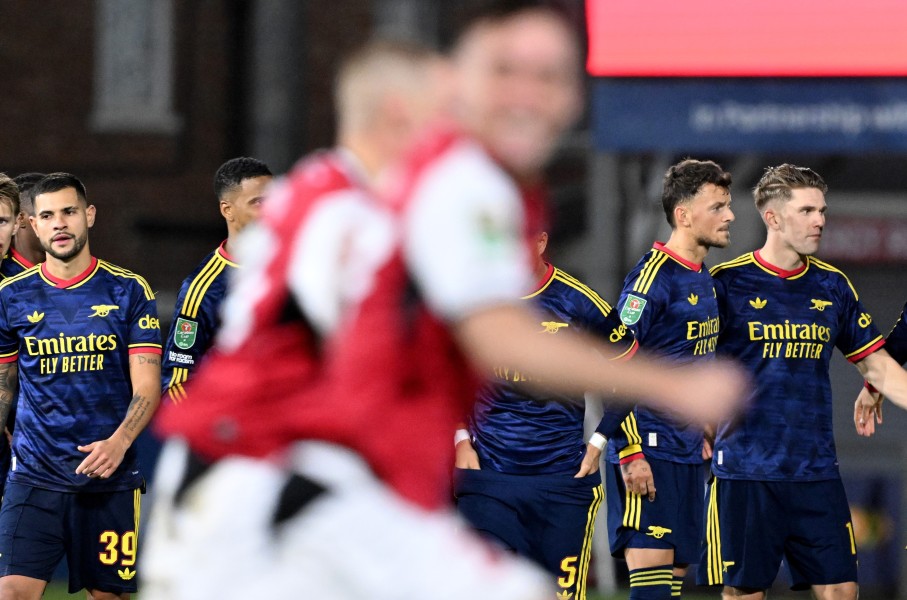 The Arsenal team after the Carabao Cup Fourth Round match between Fleetwood Town and Arsenal at Highbury Stadium. Stuart MacFarlane/Arsenal FC via Getty Images