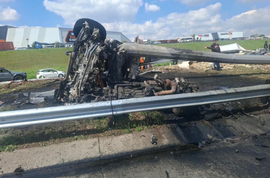 A male truck driver survived accident after the truck he was driving jack-knifed and caught fire. Photo supplied.