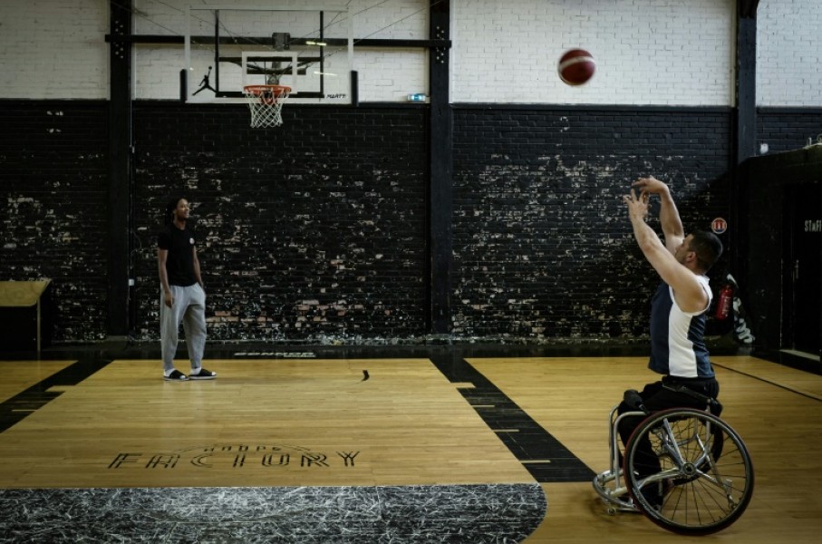French Paralympic basketball player Sofyane Mehiaoui trains at the Hoops Factory in Aubervilliers, east of Paris on May 15, 2024.