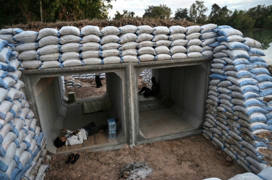 Displaced residents rest in a bunker in Thailand's Surin province