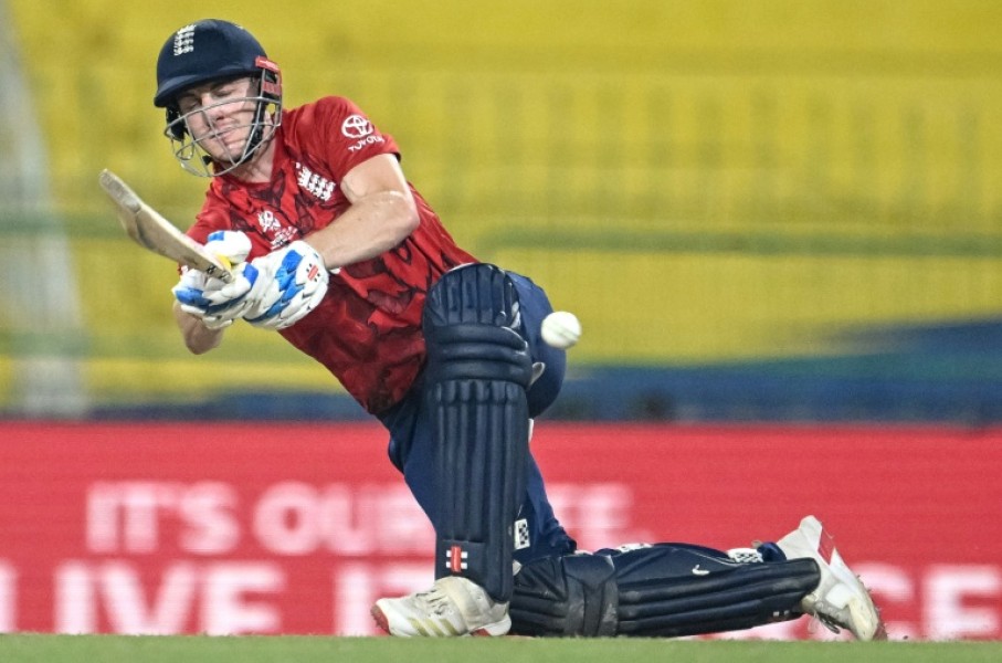 England captain Harry Brook hits a six against New Zealand in the Super Eights in Colombo