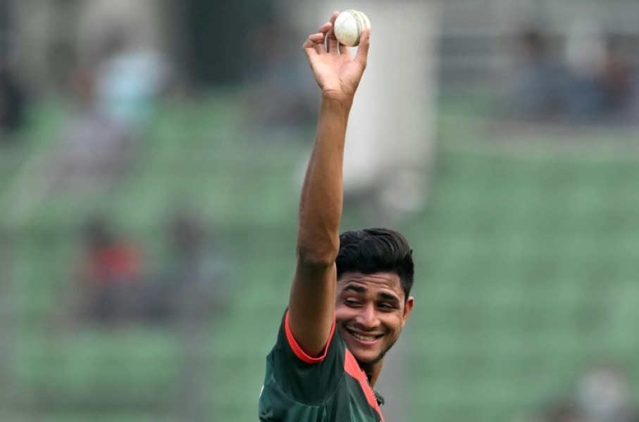 Bangladesh's Nahid Rana shows the ball after his five-wicket haul during the first one-day international (ODI) cricket match between Bangladesh and Pakistan at Sher-e-Bangla National Stadium in Mirpur on March 11, 2026