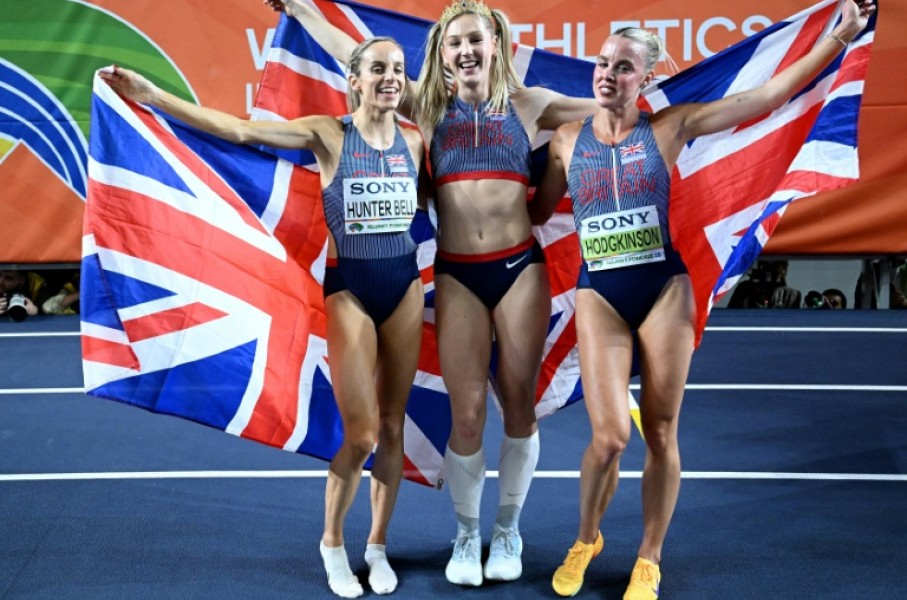 British gold medal winners, Georgia Hunter Bell (L), Molly Caudery (C) and Keely Hodgkinson