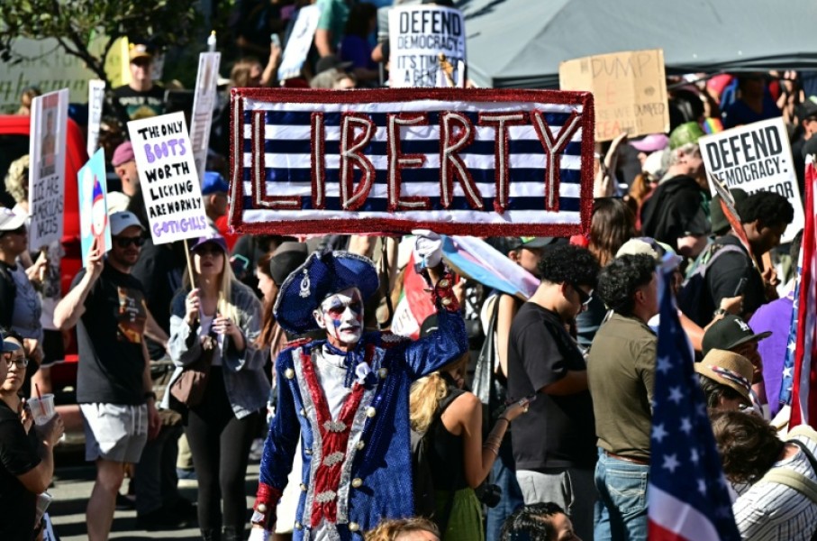 Protesters in Los Angeles during the 'No Kings' rally across the United States on October 18, 2025