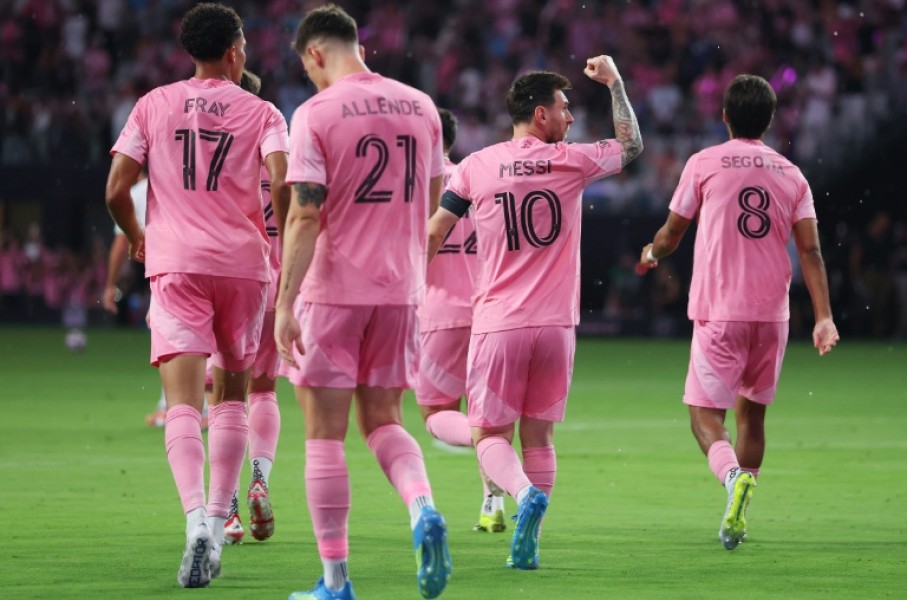 Lionel Messi celebrates after scoring Inter Miami's first goal in their new Nu Stadium