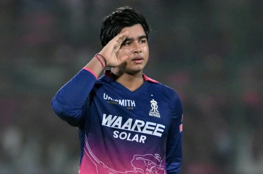 Vaibhav Sooryavanshi celebrates after scoring a century in the IPL