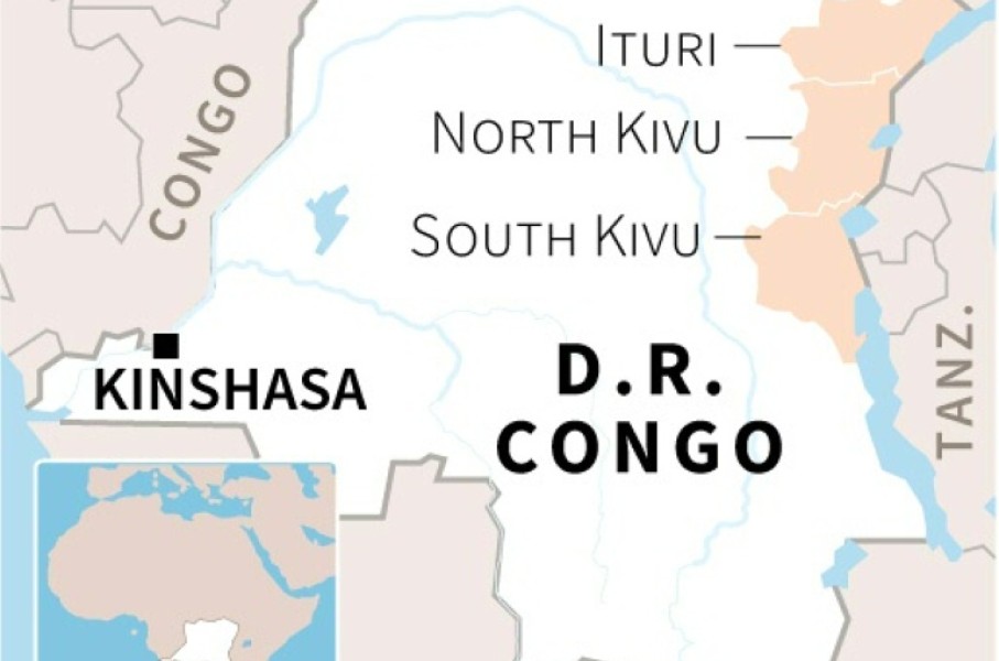 Map of the Democratic Republic of Congo locating the provinces of Ituri, North Kivu and South Kivu