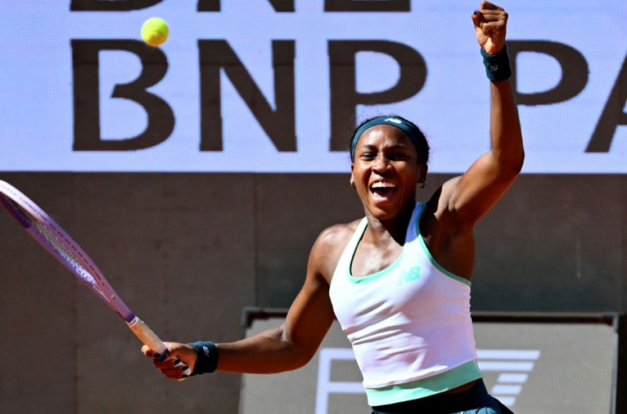 Coco Gauff celebrates reaching the quarter-finals of the Italian Open