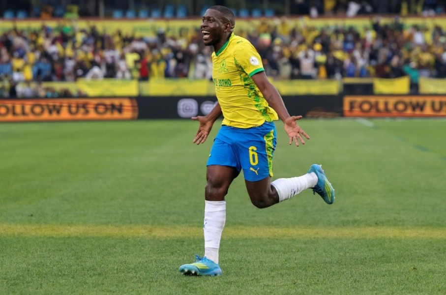 Aubrey Modiba celebrates scoring for Mamelodi Sundowns against FAR Rabat in the CAF Champions final first leg.