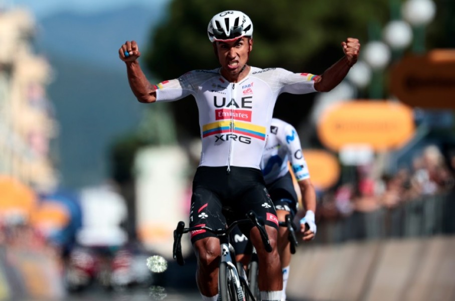 Jhonatan Narvaez celebrates winning his third stage of this year's Giro d'Italia