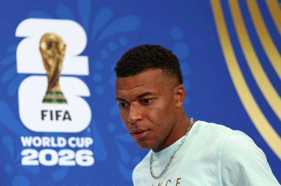 Kylian Mbappe at a press conference in Philadelphia on Sunday -- he is set to win his 100th cap for France in Monday's World Cup clash with Iraq